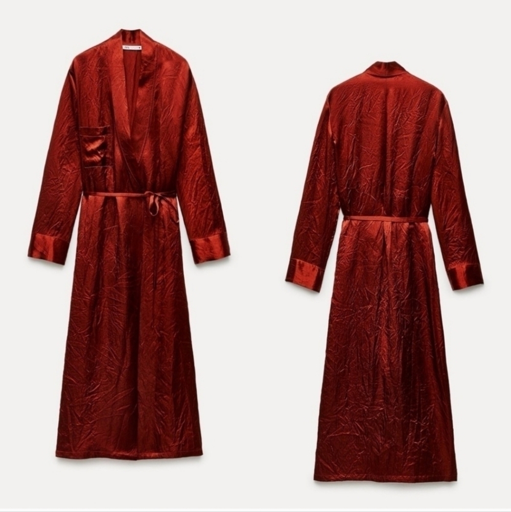 New Zara Woman Collection ZW Satin Effect Wrinkle Wrap Kimono Robe Dress NWT